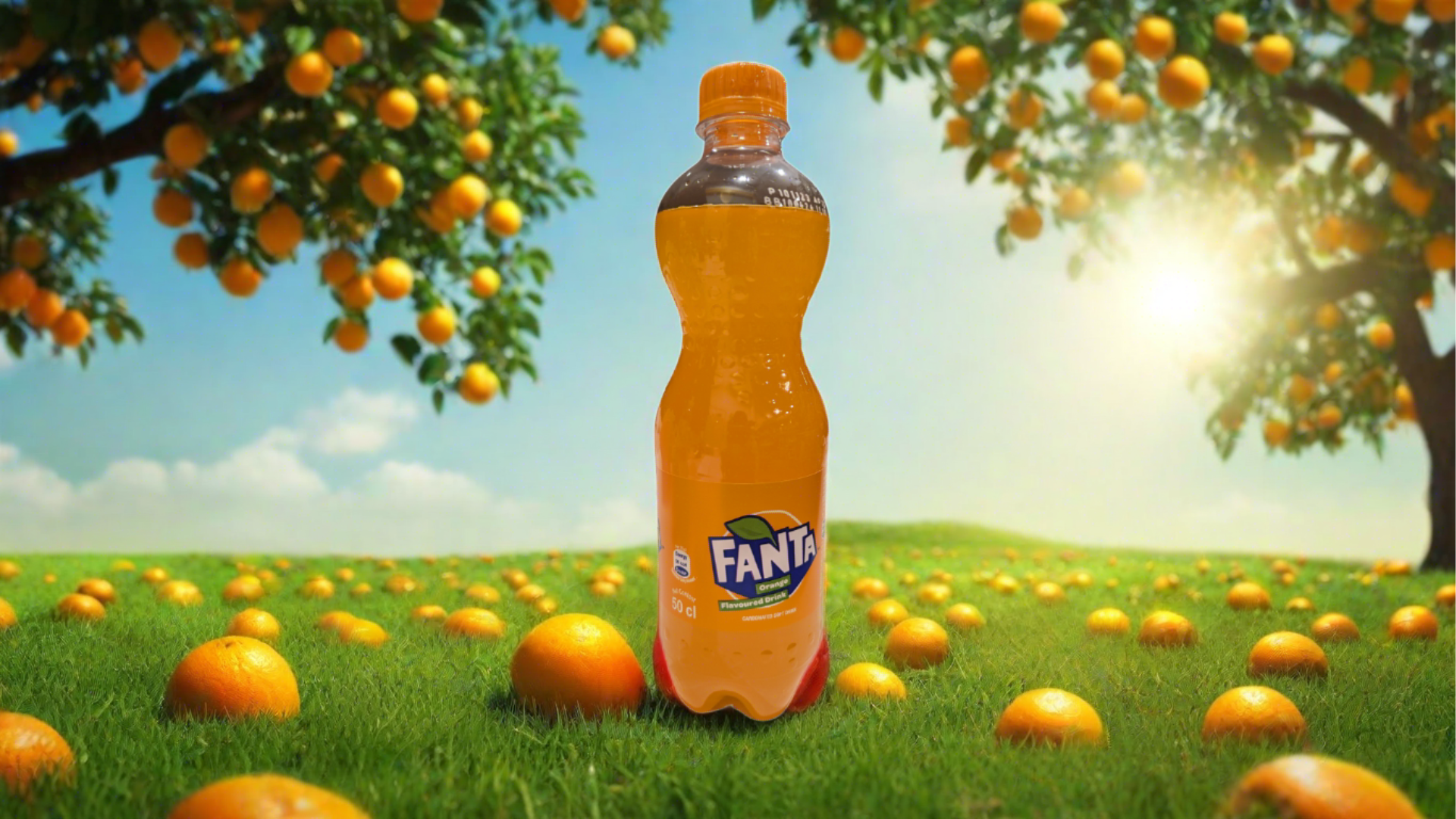 bottle of fanta sitting in an orchard