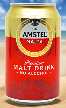 shot of amstel brand malt drink at the beach